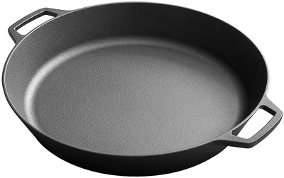 premium heavy duty Iron Skillet, Large 15" Dual Handle Frying Pan, Outdoor Cooking, Camping, Grill, Stovetop, Oven Safe Cookware