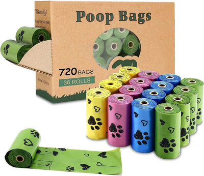 Biodegradable Dog Poop Bags: 720 Bags, Extra Strong Waste Bags with 1 Dispenser 4 Mixed Colors Green Blue Yellow Pink -Scented