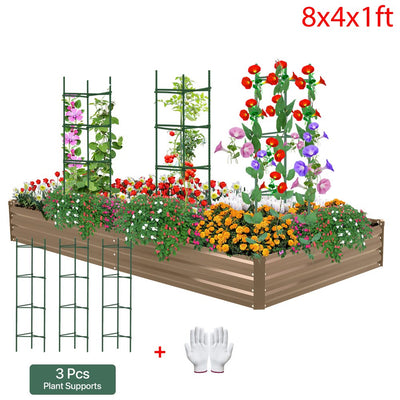 AMOBORO 8X4X1Ft Outdoor Metal Raised Garden Bed Planter Box for Vegetables, Flowers, Herbs W/ 3 Tomato Cages Brown