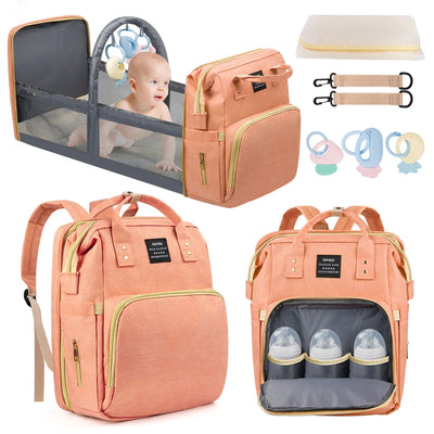 Diaper Bag Backpack, Multifunctional with Changing Station & Foldable Crib Large Baby Bag