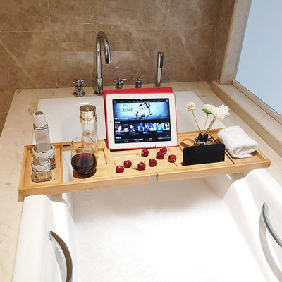 Bathtub Storage Rack Bamboo Retractable Tablet Bathtub Shelf